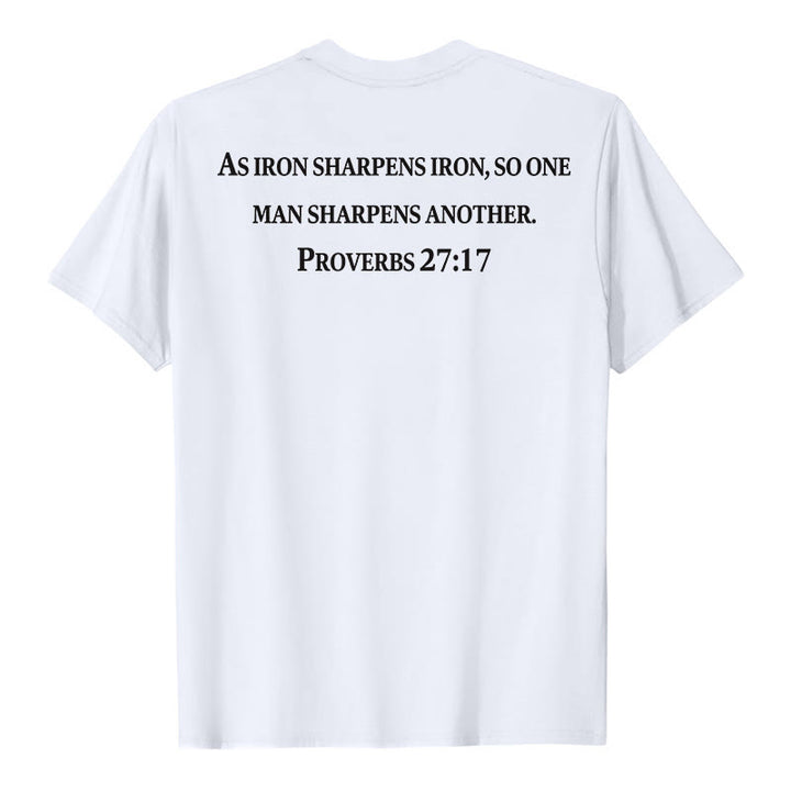 Christianartworkshop As Iron Sharpens Iron Proverbs 27:17 Front Chest Cross Back Scripture Premium Short Sleeve T-Shirt - image 8