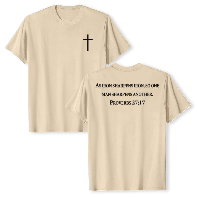 Christianartworkshop As Iron Sharpens Iron Proverbs 27:17 Front Chest Cross Back Scripture Premium Short Sleeve T-Shirt - Beige - 2XL - image 24