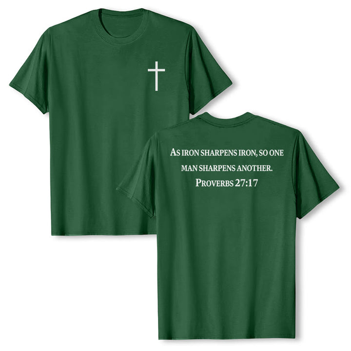 Christianartworkshop As Iron Sharpens Iron Proverbs 27:17 Front Chest Cross Back Scripture Premium Short Sleeve T-Shirt - Dark Green - 2XL - image 18