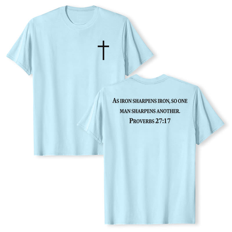 Christianartworkshop As Iron Sharpens Iron Proverbs 27:17 Front Chest Cross Back Scripture Premium Short Sleeve T-Shirt - Blue - 2XL - image 21