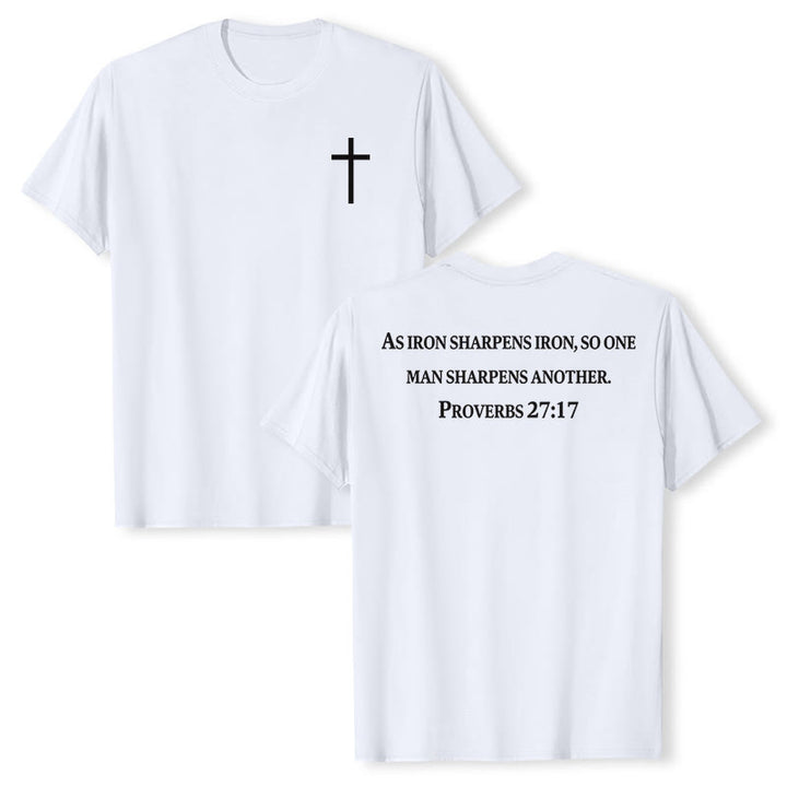 Christianartworkshop As Iron Sharpens Iron Proverbs 27:17 Front Chest Cross Back Scripture Premium Short Sleeve T-Shirt - White - 2XL - image 6