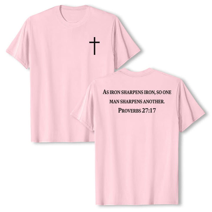 Christianartworkshop As Iron Sharpens Iron Proverbs 27:17 Front Chest Cross Back Scripture Premium Short Sleeve T-Shirt - Pink - 2XL - image 9