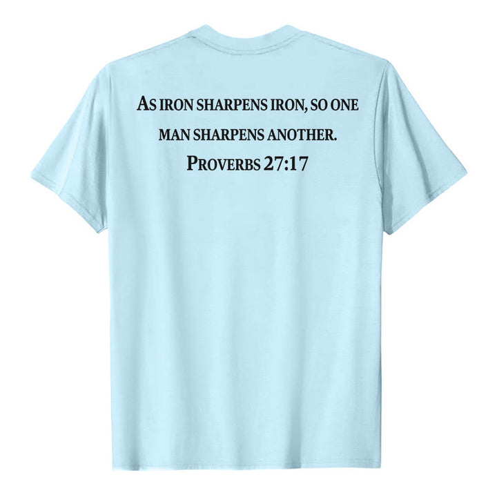 Christianartworkshop As Iron Sharpens Iron Proverbs 27:17 Front Chest Cross Back Scripture Premium Short Sleeve T-Shirt - image 23