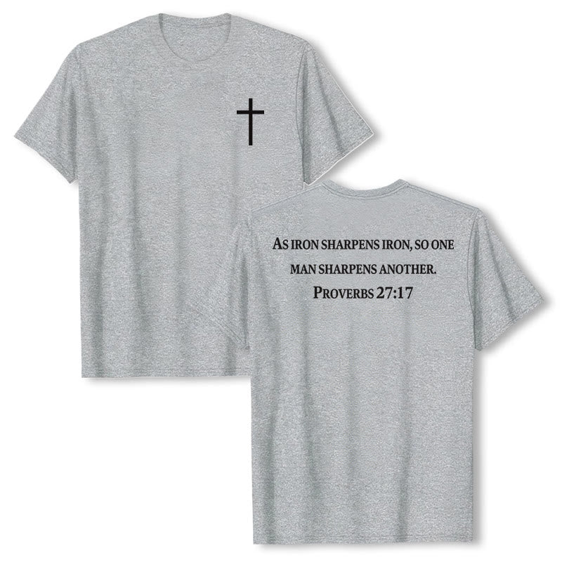 Christianartworkshop As Iron Sharpens Iron Proverbs 27:17 Front Chest Cross Back Scripture Premium Short Sleeve T-Shirt - Grey - 2XL - image 3