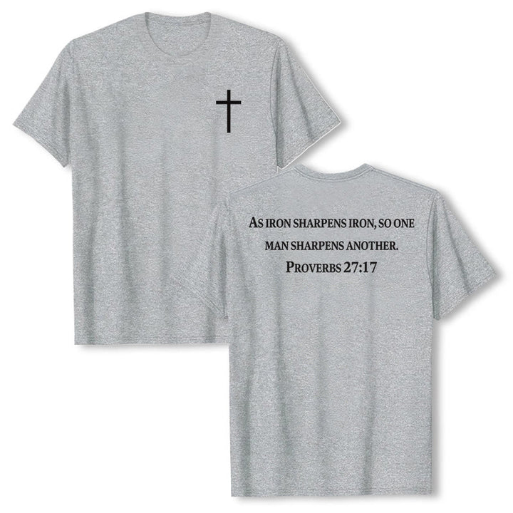 Christianartworkshop As Iron Sharpens Iron Proverbs 27:17 Front Chest Cross Back Scripture Premium Short Sleeve T-Shirt - Grey - 2XL - image 3