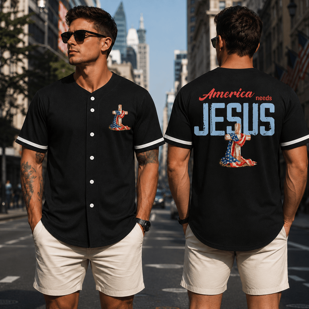 Christianartworkshop "America Needs Jesus" USA Flag Wrapped Cross Front Pocket Logo Button-Up Baseball Jersey - image 0