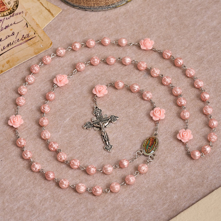 Christianartworkshop Glossy Rose Embossed Bead Rosary with 3D Floral Accent, Our Lady Enamel Medal & Antique Crucifix - Pink Rose Rosary - image 0