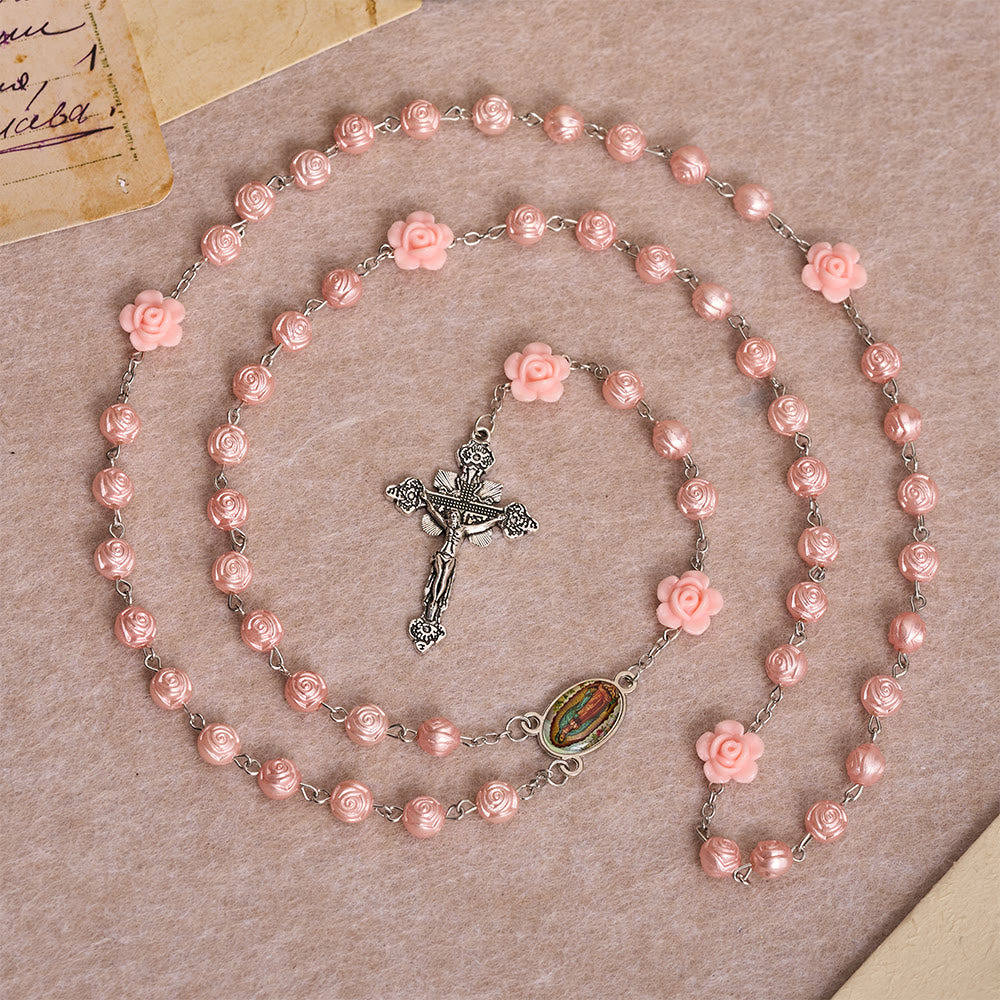 Christianartworkshop Glossy Rose Embossed Bead Rosary with 3D Floral Accent, Our Lady Enamel Medal & Antique Crucifix - image 2