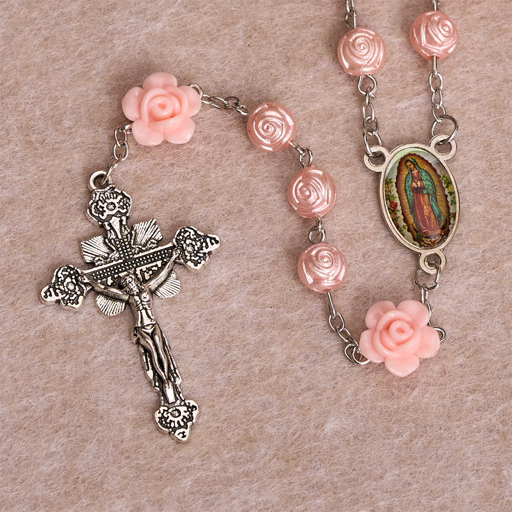 Christianartworkshop Glossy Rose Embossed Bead Rosary with 3D Floral Accent, Our Lady Enamel Medal & Antique Crucifix - image 5