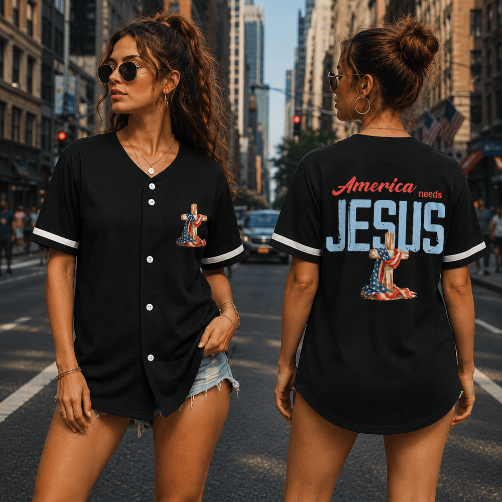 Christianartworkshop "America Needs Jesus" USA Flag Wrapped Cross Front Pocket Logo Button-Up Baseball Jersey - image 1