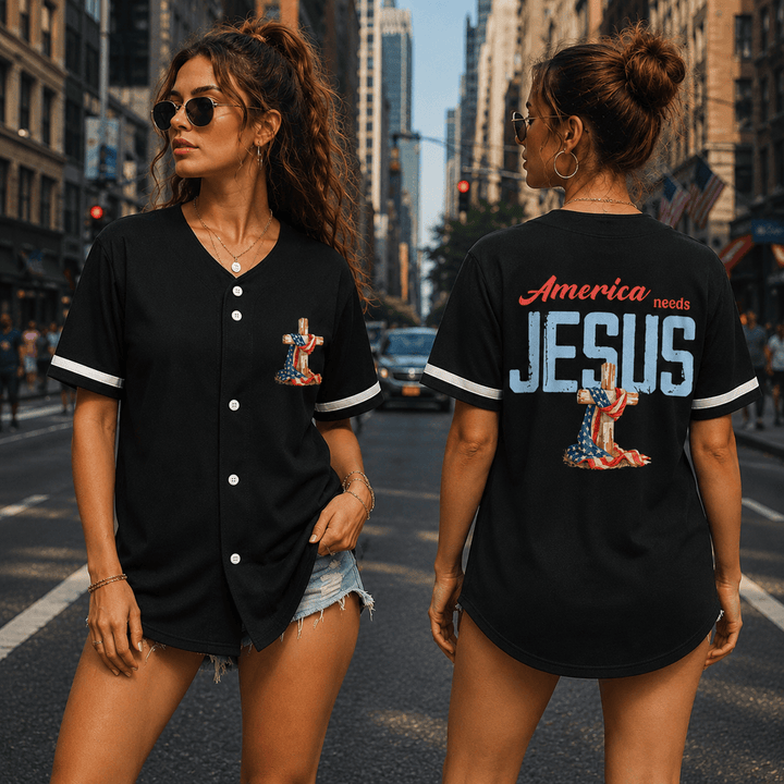 Christianartworkshop "America Needs Jesus" USA Flag Wrapped Cross Front Pocket Logo Button-Up Baseball Jersey - image 1
