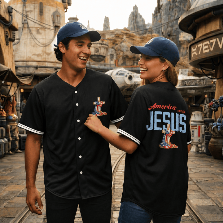 Christianartworkshop Jesus EST.1776 America Faith Freedom & Family USA Flag Print Button-Up Baseball Jersey - image 0