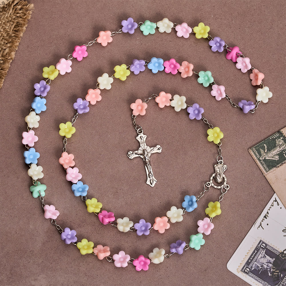 Christianartworkshop Solid Five-Petal Flower Shaped Bead Devotional Rosary with Embossed Our Lady Medal & Detailed Antique Crucifix - image 1