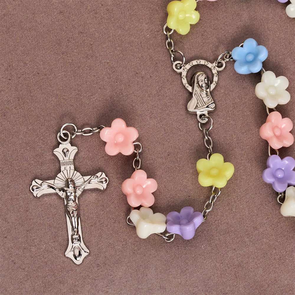 Christianartworkshop Solid Five-Petal Flower Shaped Bead Devotional Rosary with Embossed Our Lady Medal & Detailed Antique Crucifix - image 4