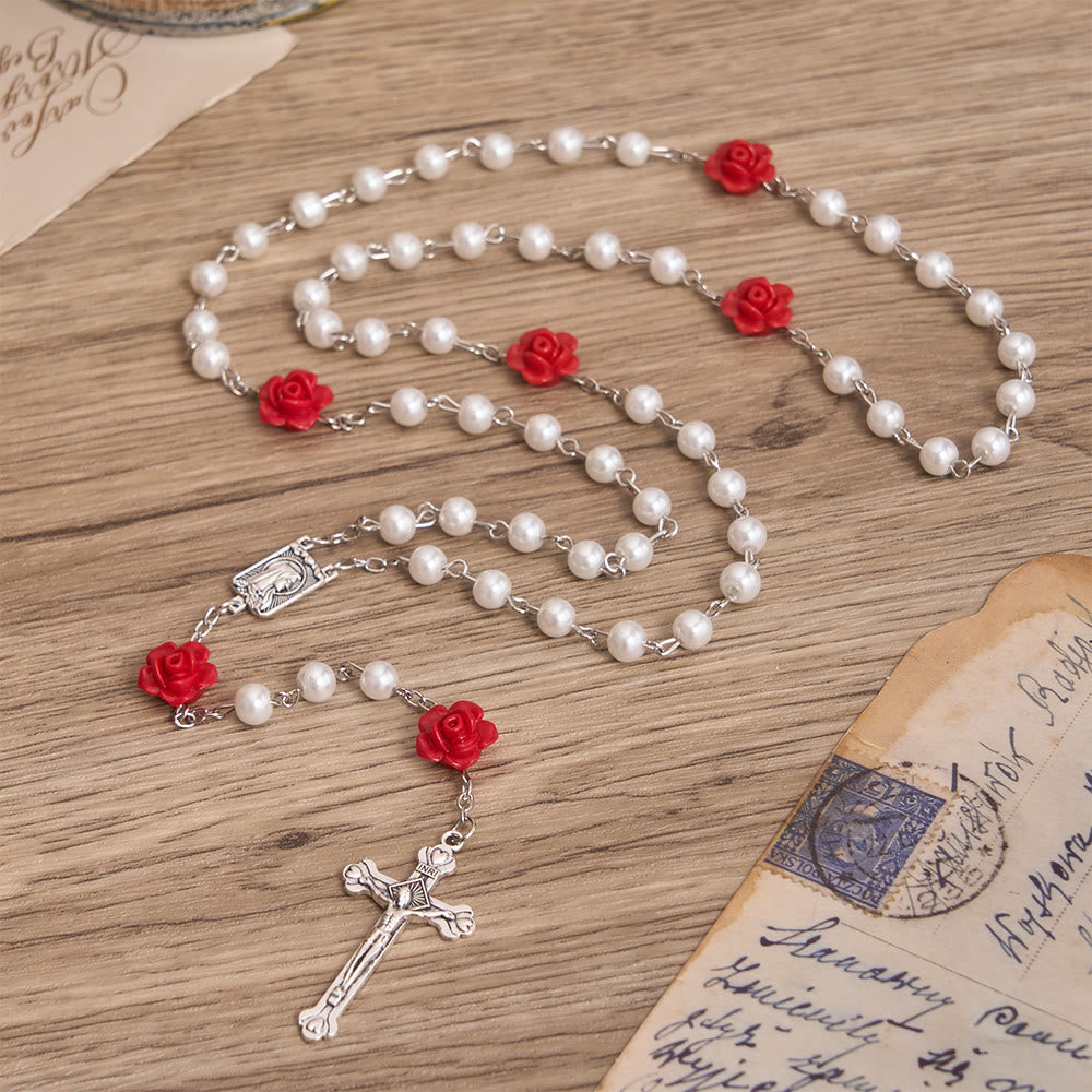 FREE Today: Smooth Pearl-Style Round Bead Rosary with Rose Ornament & Vintage Virgin Mary Center Charm - White - image 2