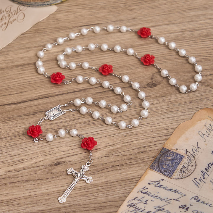 FREE Today: Smooth Pearl-Style Round Bead Rosary with Rose Ornament & Vintage Virgin Mary Center Charm - White - image 2