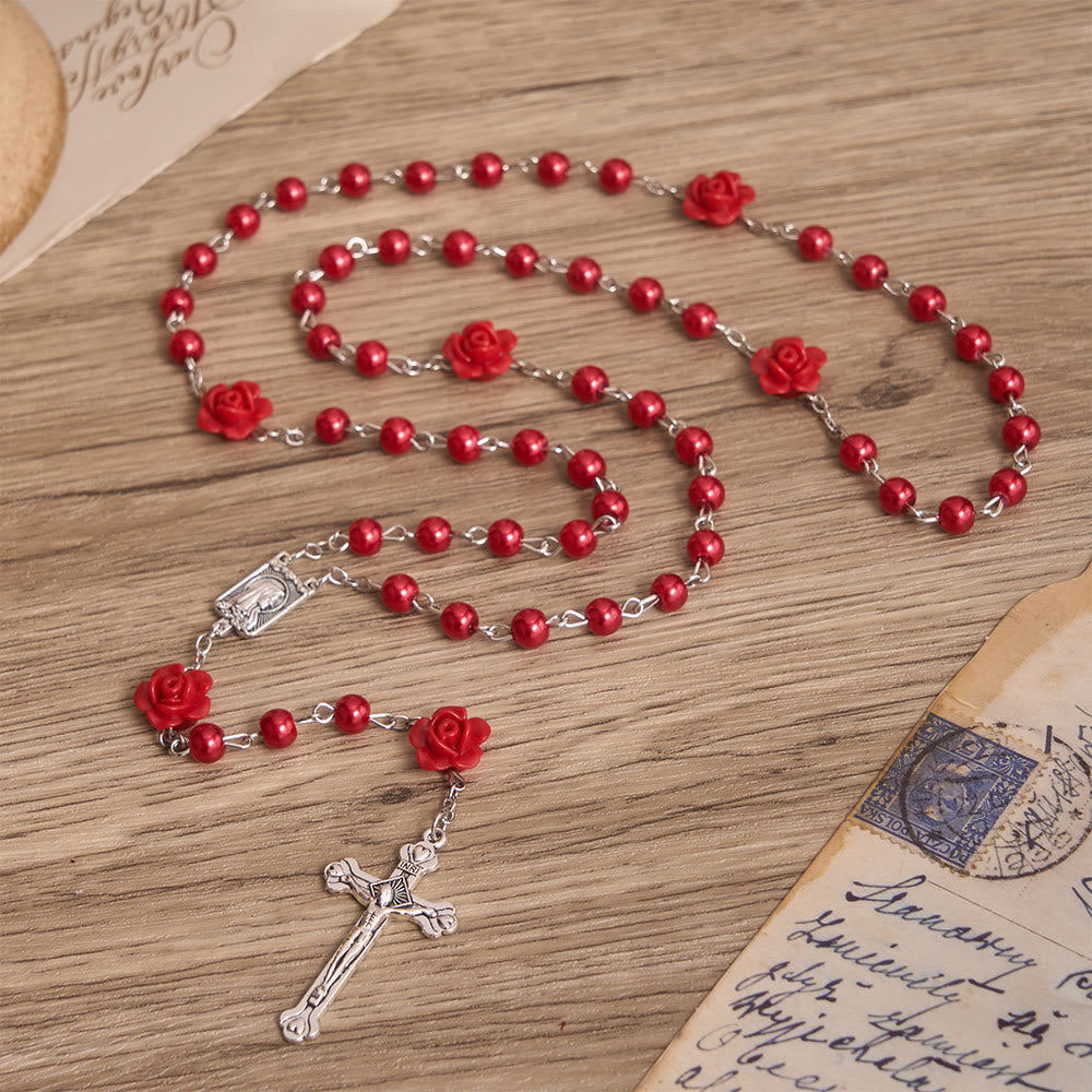 FREE Today: Smooth Pearl-Style Round Bead Rosary with Rose Ornament & Vintage Virgin Mary Center Charm - Red - image 4