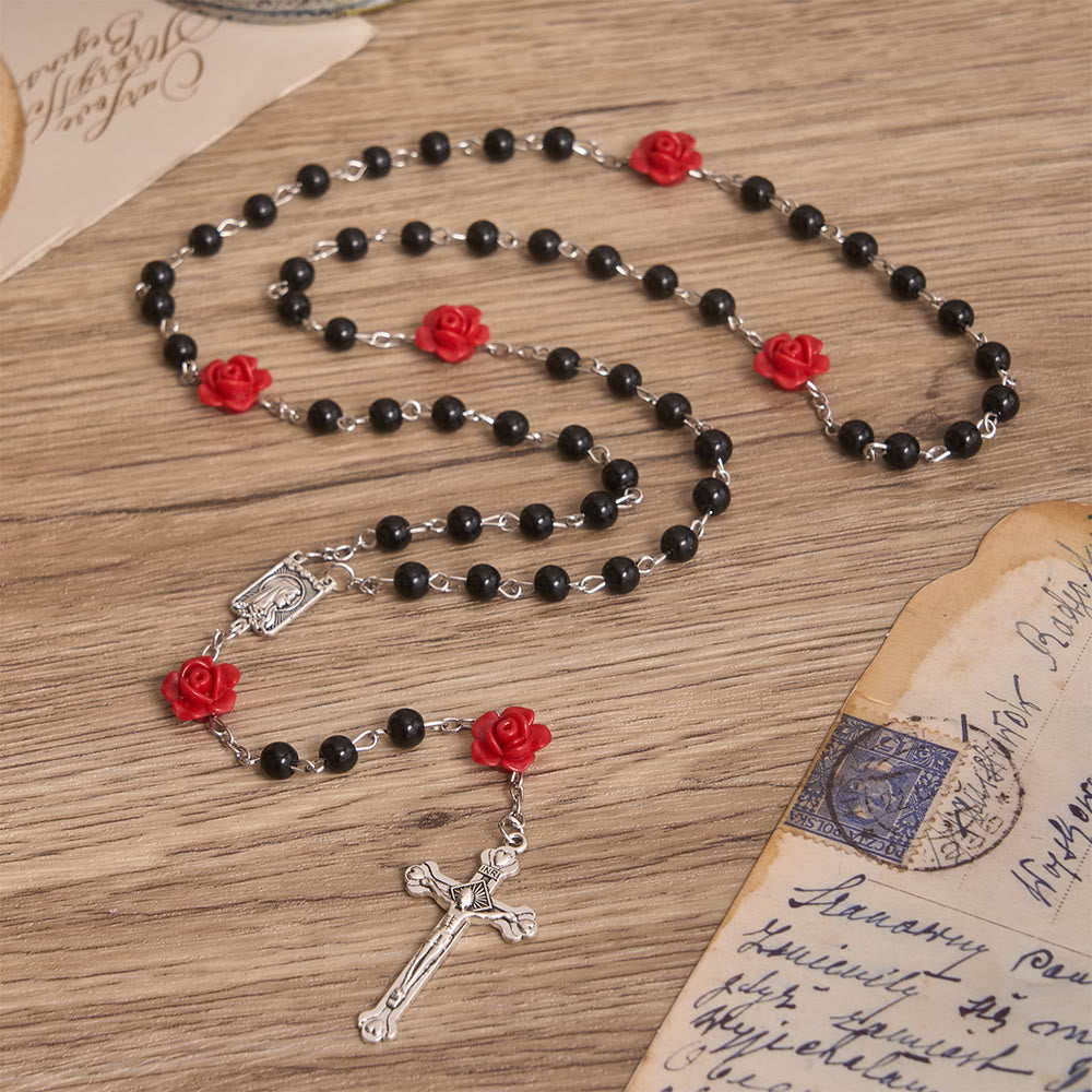 FREE Today: Smooth Pearl-Style Round Bead Rosary with Rose Ornament & Vintage Virgin Mary Center Charm - Black - image 8