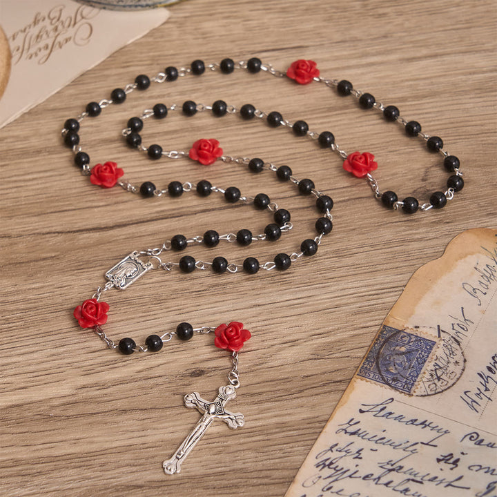 FREE Today: Smooth Pearl-Style Round Bead Rosary with Rose Ornament & Vintage Virgin Mary Center Charm - Black - image 8