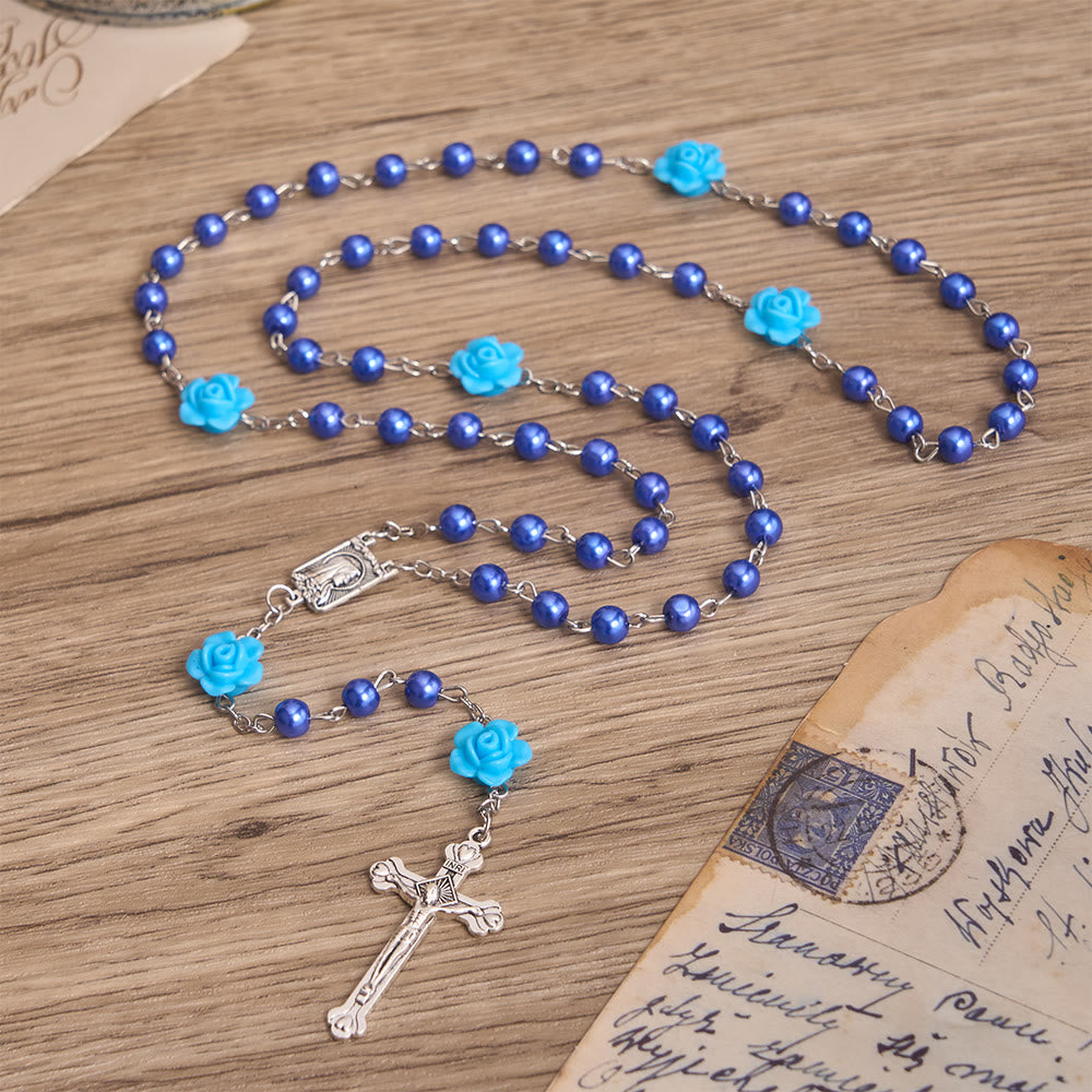 FREE Today: Smooth Pearl-Style Round Bead Rosary with Rose Ornament & Vintage Virgin Mary Center Charm - Blue - image 6