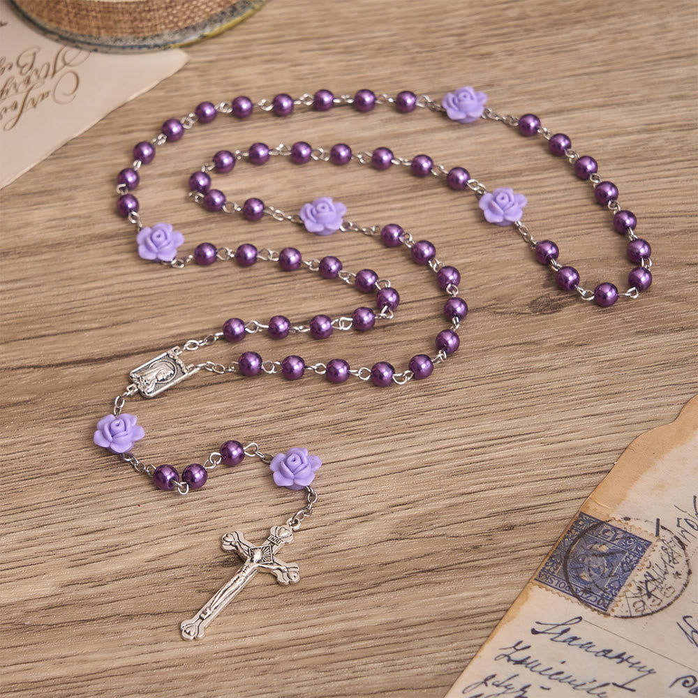 Christianartworkshop Smooth Pearl-Style Round Bead Rosary with Rose Ornament & Vintage Virgin Mary Center Charm - image 1