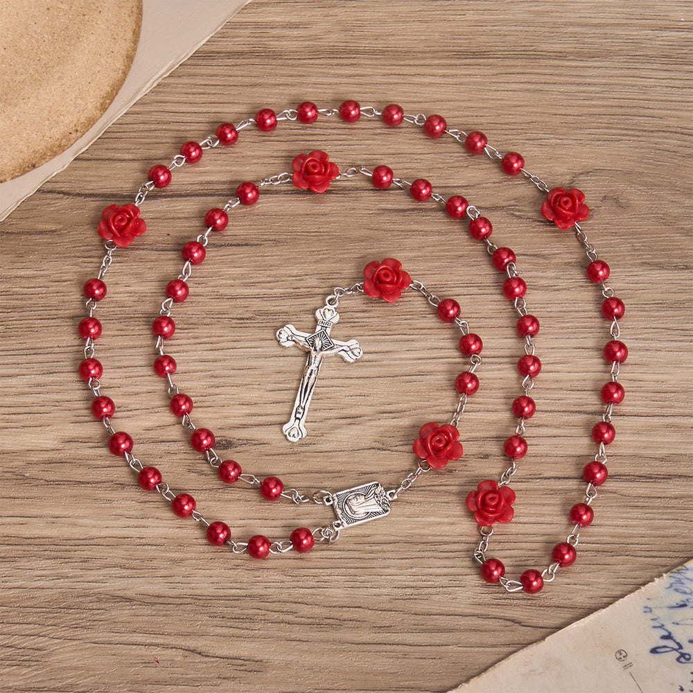 FREE Today: Smooth Pearl-Style Round Bead Rosary with Rose Ornament & Vintage Virgin Mary Center Charm - image 5