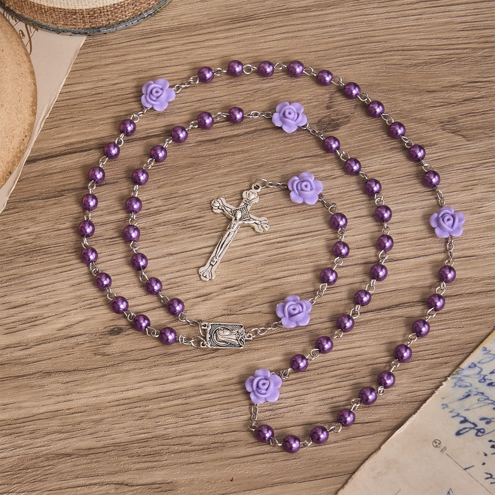 Christianartworkshop Smooth Pearl-Style Round Bead Rosary with Rose Ornament & Vintage Virgin Mary Center Charm - Purple - image 0