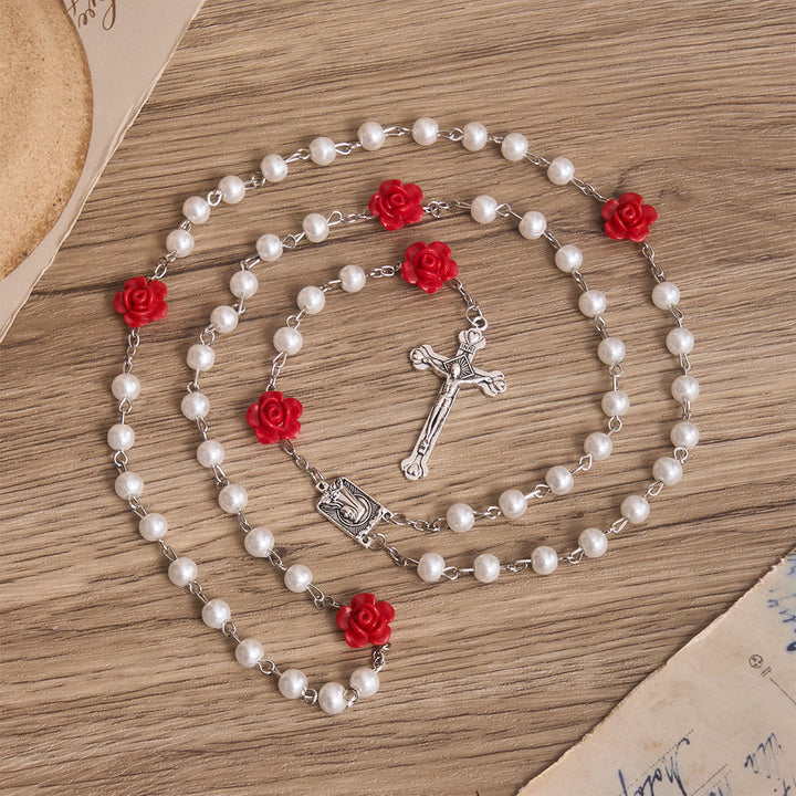 FREE Today: Smooth Pearl-Style Round Bead Rosary with Rose Ornament & Vintage Virgin Mary Center Charm - image 3