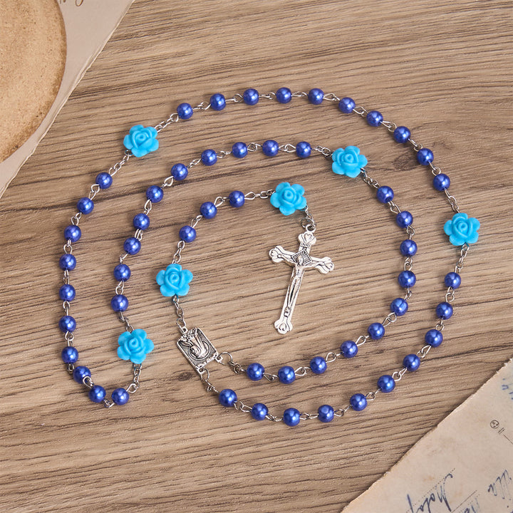 FREE Today: Smooth Pearl-Style Round Bead Rosary with Rose Ornament & Vintage Virgin Mary Center Charm - image 7