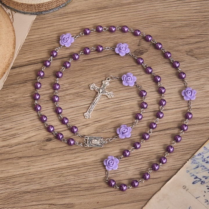FREE Today: Smooth Pearl-Style Round Bead Rosary with Rose Ornament & Vintage Virgin Mary Center Charm - image 1