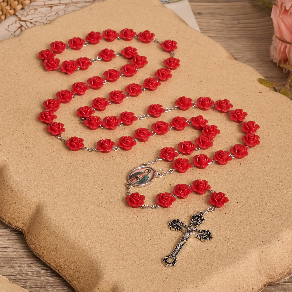 Christianartworkshop Elegant Red Rose Bloom Bead Our Lady Enamel Medal Crucifix Rosary - image 1