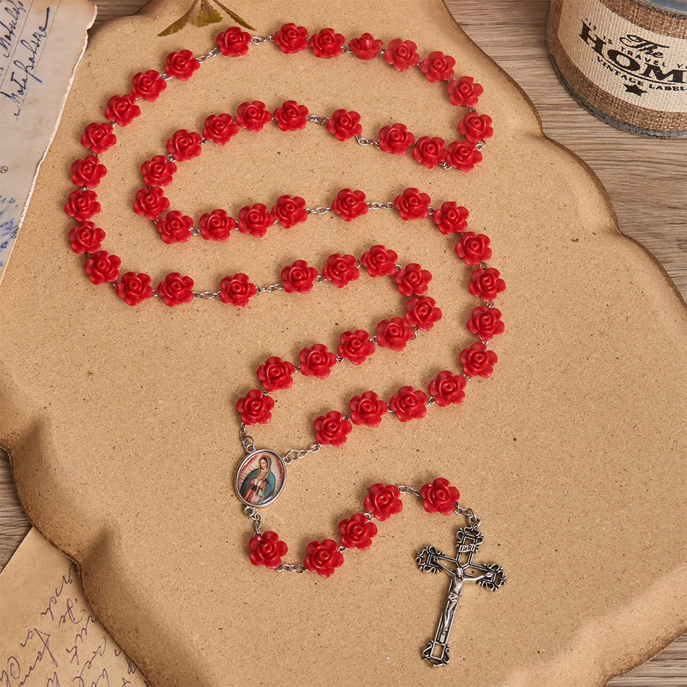 Christianartworkshop Elegant Red Rose Bloom Bead Our Lady Enamel Medal Crucifix Rosary - Red Rose Rosary - image 0