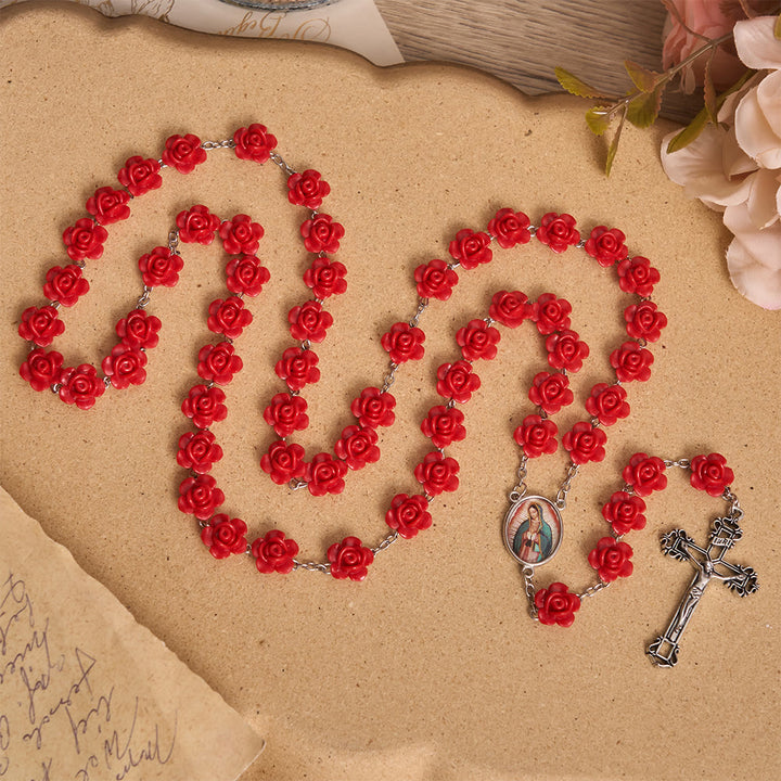Christianartworkshop Elegant Red Rose Bloom Bead Our Lady Enamel Medal Crucifix Rosary - image 3