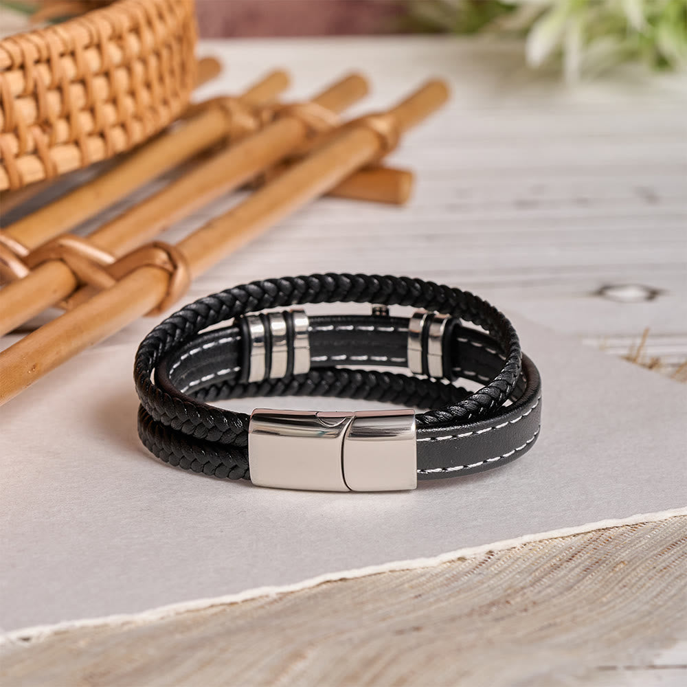 Christianartworkshop Dual-Cord Braided Stitched Leather Bracelet with Polished Stone Cross & Dual Metal Side Bead Details - image 6