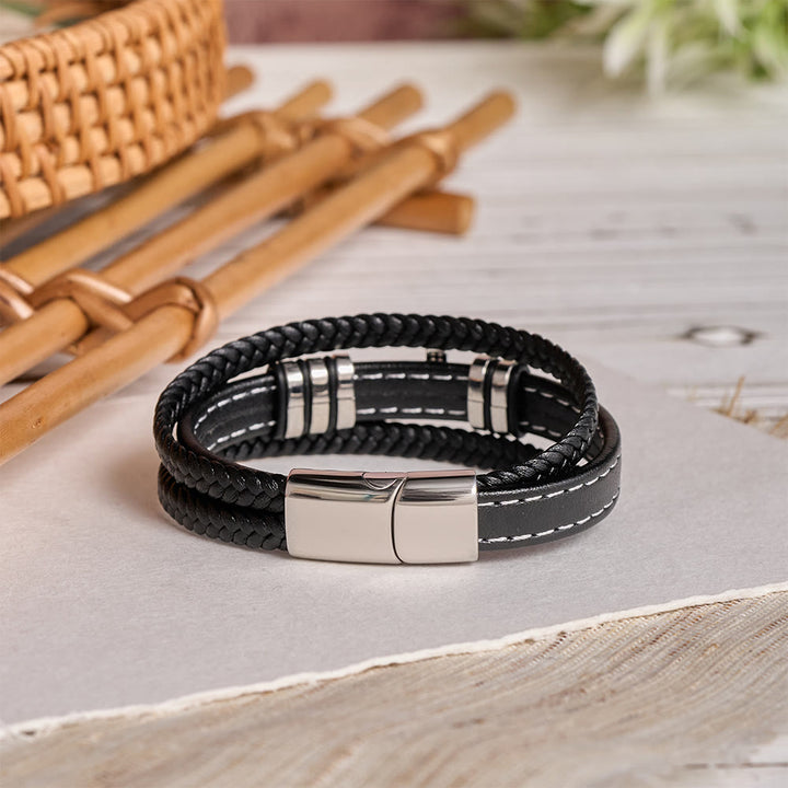 Christianartworkshop Dual-Cord Braided Stitched Leather Bracelet with Polished Stone Cross & Dual Metal Side Bead Details - image 6