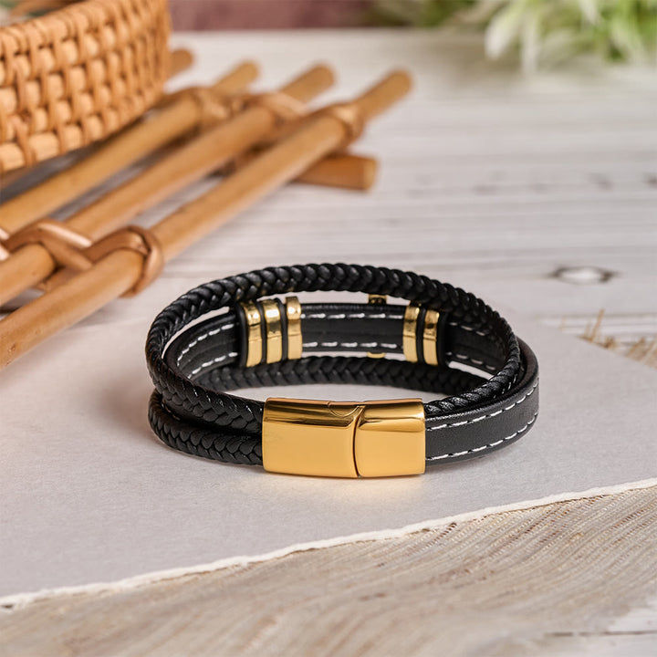 Christianartworkshop Dual-Cord Braided Stitched Leather Bracelet with Polished Stone Cross & Dual Metal Side Bead Details - image 9