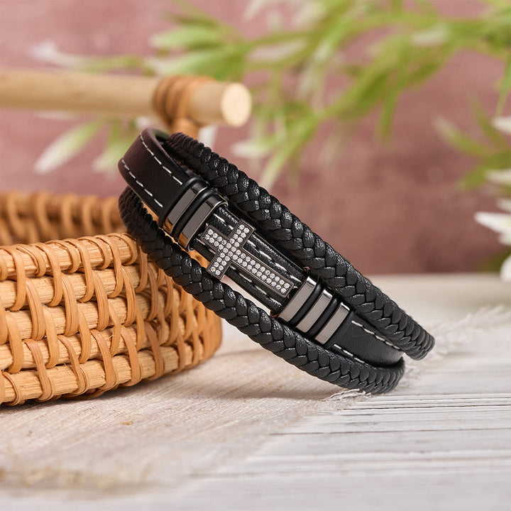 Christianartworkshop Dual-Cord Braided Stitched Leather Bracelet with Polished Stone Cross & Dual Metal Side Bead Details - image 2