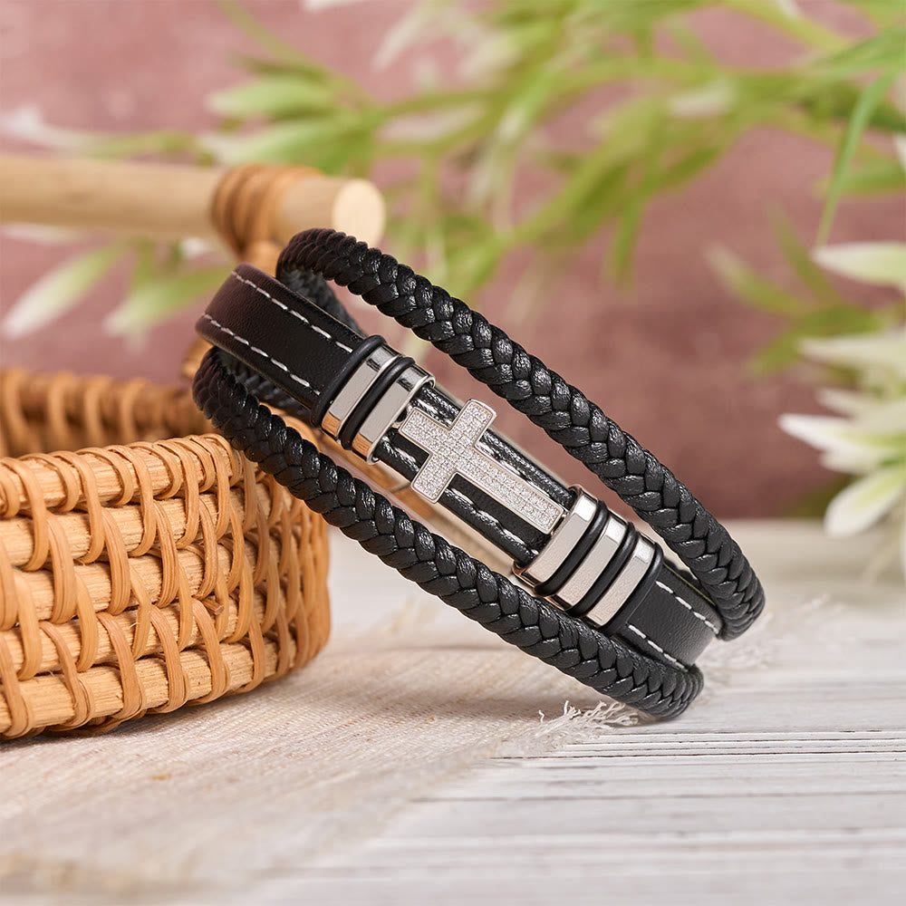 Christianartworkshop Dual-Cord Braided Stitched Leather Bracelet with Polished Stone Cross & Dual Metal Side Bead Details - image 5
