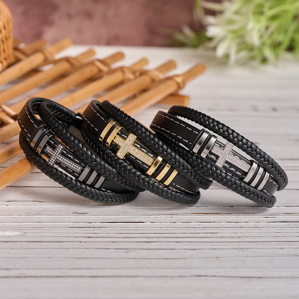 Christianartworkshop Dual-Cord Braided Stitched Leather Bracelet with Polished Stone Cross & Dual Metal Side Bead Details - image 0