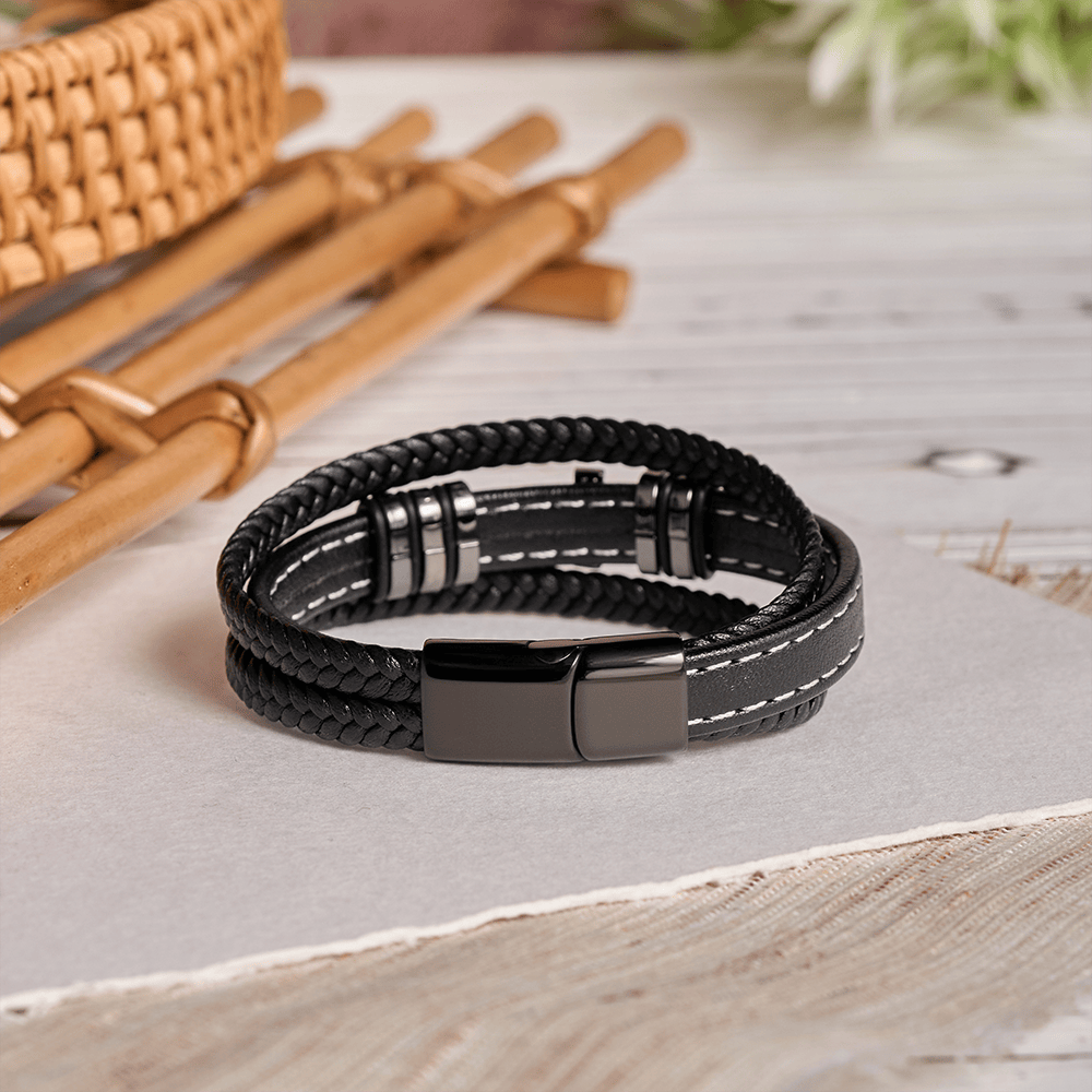 Christianartworkshop Dual-Cord Braided Stitched Leather Bracelet with Polished Stone Cross & Dual Metal Side Bead Details - image 3
