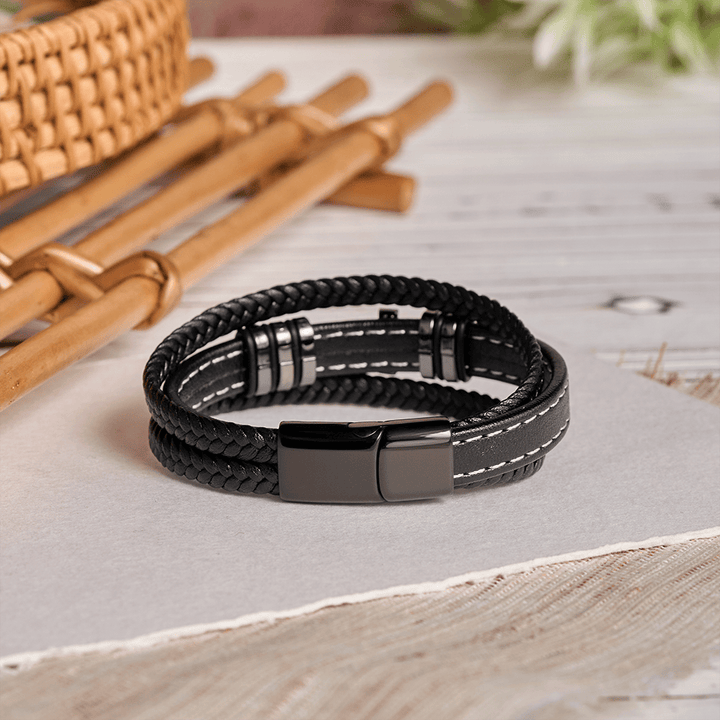 Christianartworkshop Dual-Cord Braided Stitched Leather Bracelet with Polished Stone Cross & Dual Metal Side Bead Details - image 3