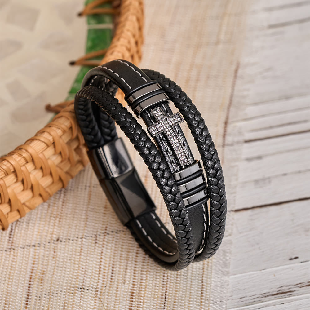 Christianartworkshop Multi-Layer Braided Leather Bracelet with Pave Zircon Cross & Three-Tone Metal Spacer - Black 23cm - image 1