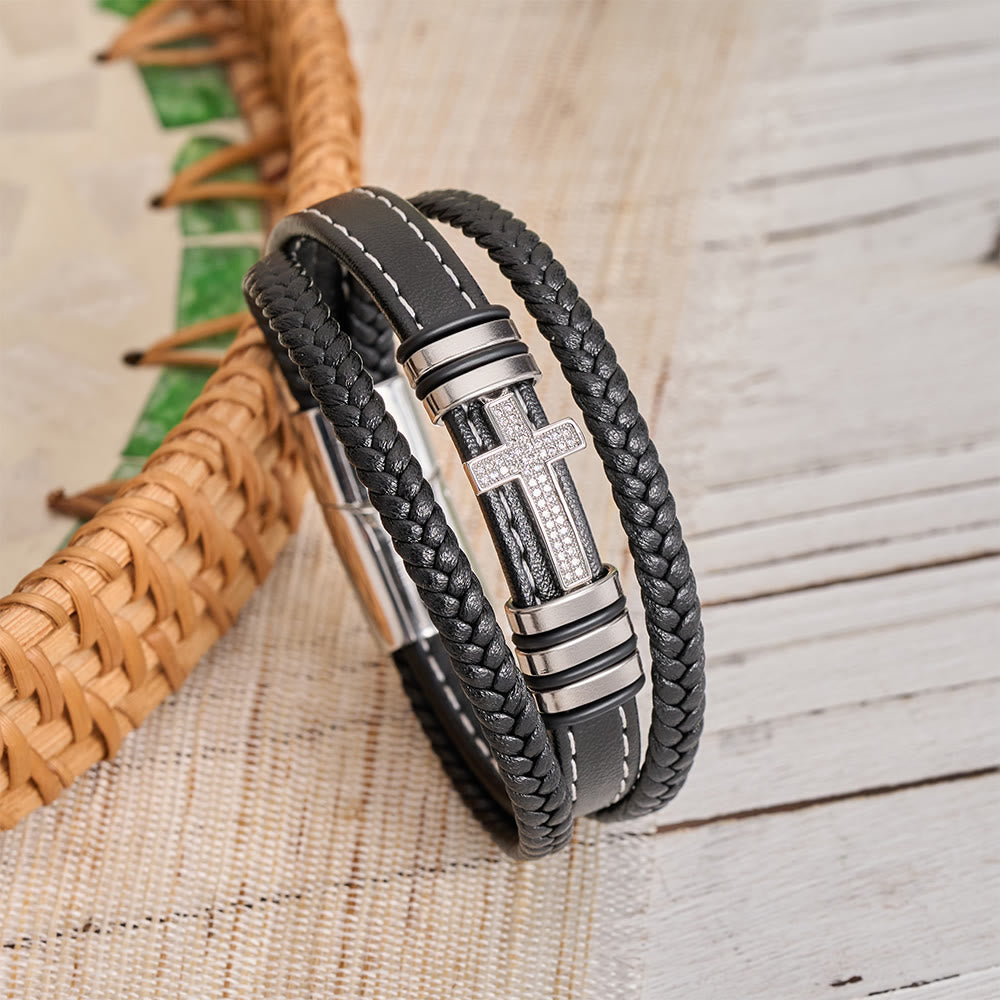 Christianartworkshop Multi-Layer Braided Leather Bracelet with Pave Zircon Cross & Three-Tone Metal Spacer - Silver 23cm - image 7