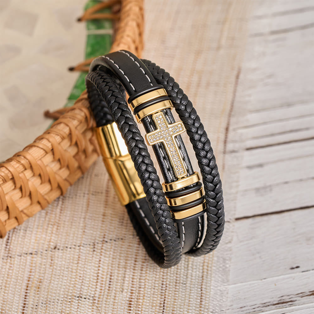 Christianartworkshop Multi-Layer Braided Leather Bracelet with Pave Zircon Cross & Three-Tone Metal Spacer - Golden - 23cm - image 4