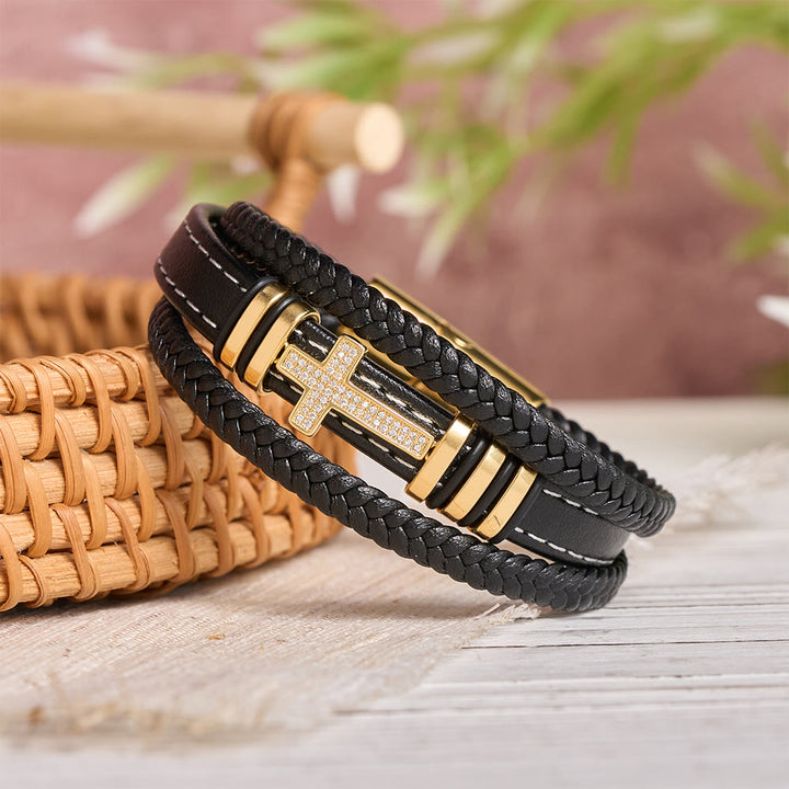 Christianartworkshop Multi-Layer Braided Leather Bracelet with Pave Zircon Cross & Three-Tone Metal Spacer - image 5