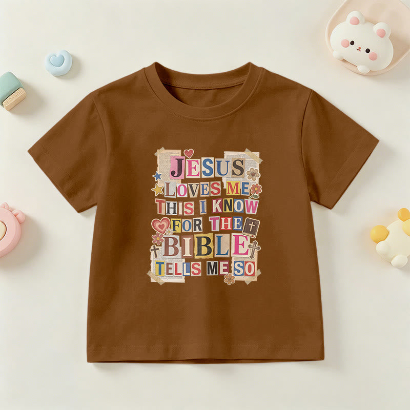 Christianartworkshop "Jesus Loves Me This I Know" Vintage Cutout Letter Newspaper Patch Kids Short Sleeve T-Shirt - Brown - US/UK/AU 14, EU170 - image 0
