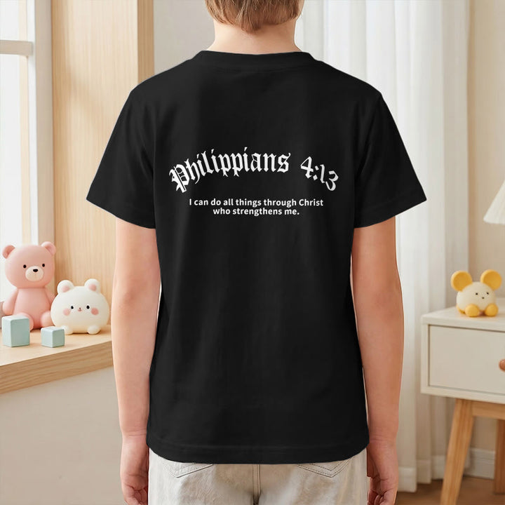 Christianartworkshop Philippians 4:13 Front Chest Cross Back Gothic Font Scripture Kids Short Sleeve T-Shirt - image 43
