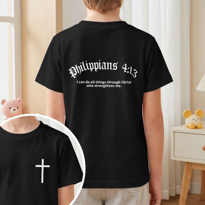 Christianartworkshop Philippians 4:13 Front Chest Cross Back Gothic Font Scripture Kids Short Sleeve T-Shirt - image 37