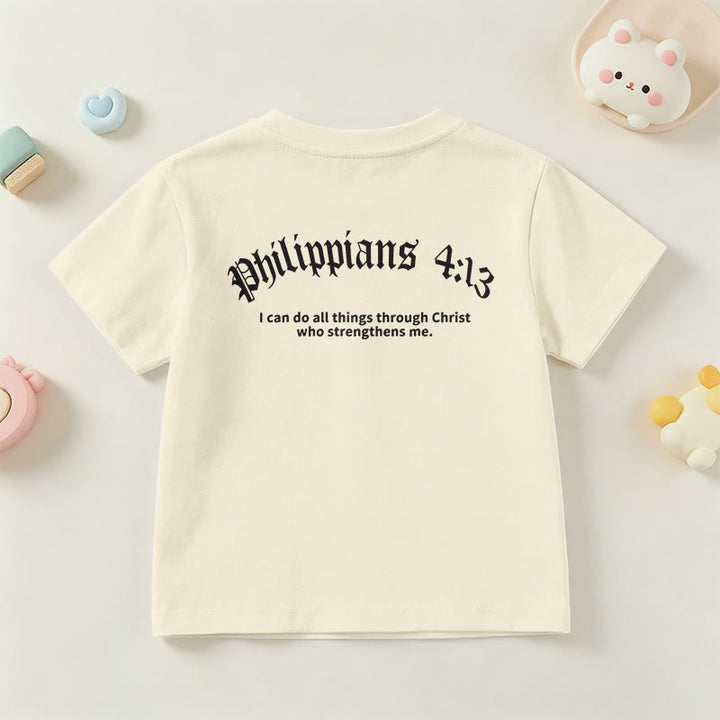 Christianartworkshop Philippians 4:13 Front Chest Cross Back Gothic Font Scripture Kids Short Sleeve T-Shirt - image 6