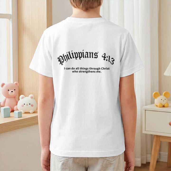 Christianartworkshop Philippians 4:13 Front Chest Cross Back Gothic Font Scripture Kids Short Sleeve T-Shirt - image 16
